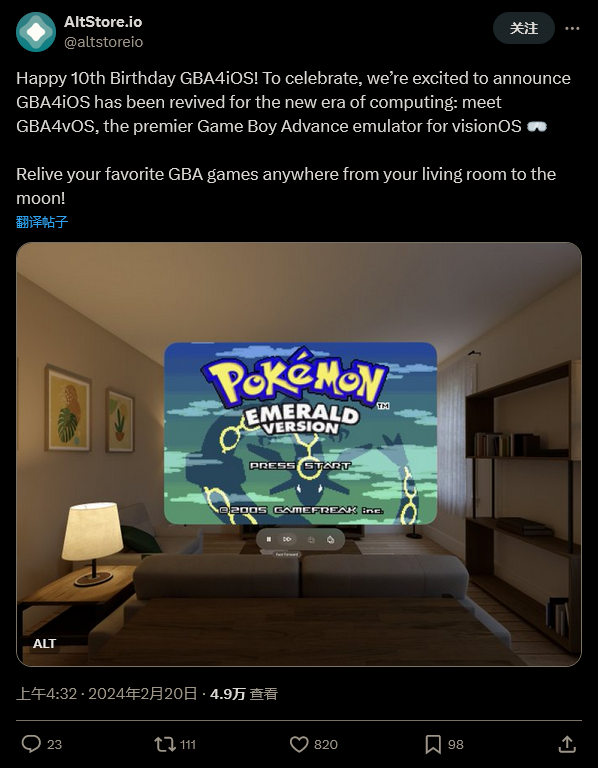 GBA4iOS开发者推出苹果Vision Pro版Game Boy模拟器