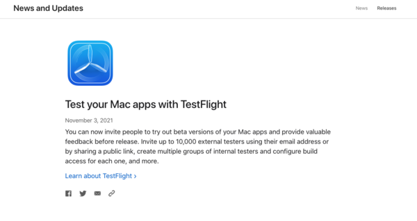 Mac版TestFlight发布 开发者可邀请用户测试Mac App