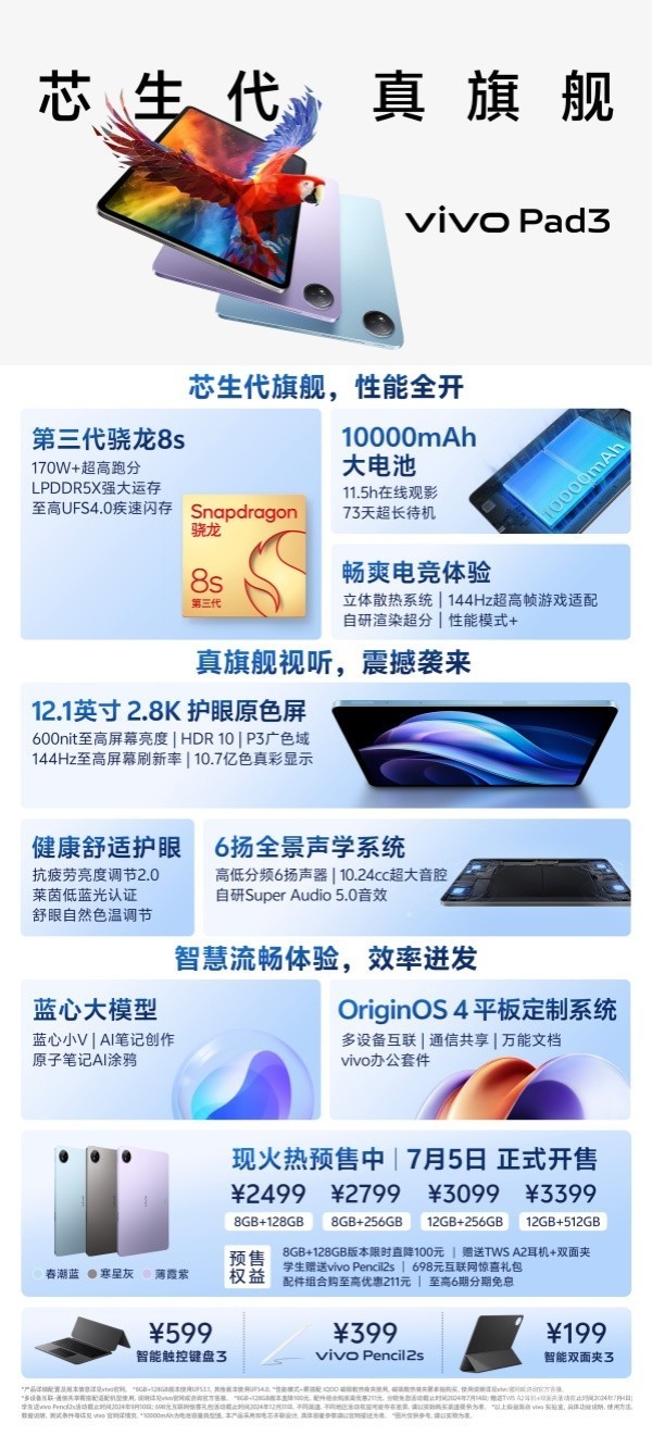 vivo Pad3发布！第三代骁龙8s+2.8K护眼屏 2499元起