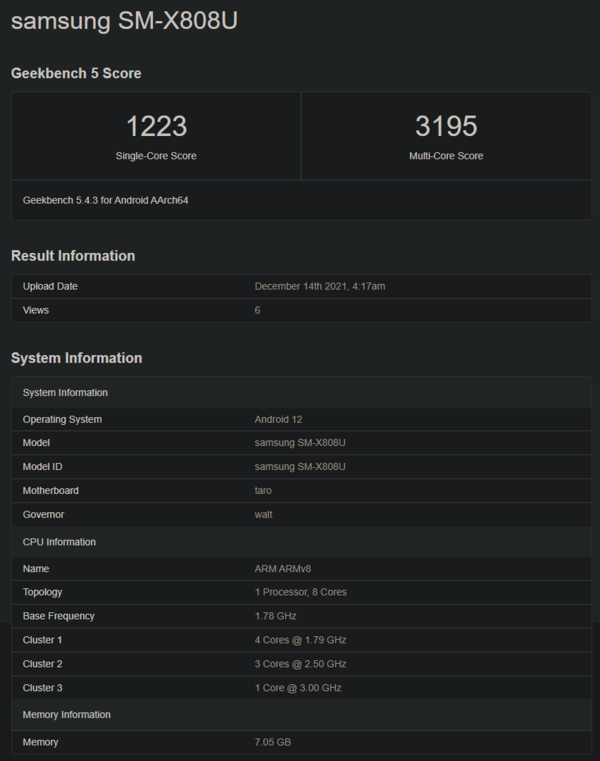 疑似三星Tab S8 Plus现身Geekbench 搭载骁龙8 Gen 1