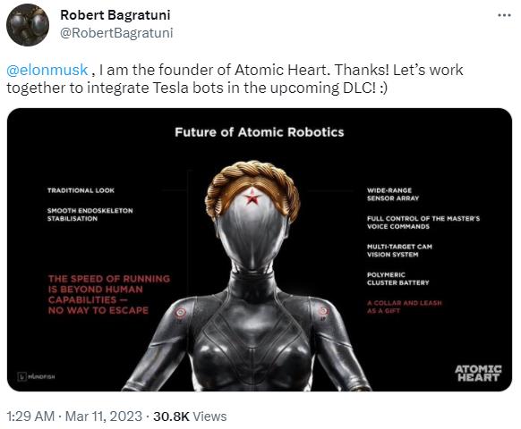 《原子之心》游戏总监向马斯克喊话 将特斯拉机器人加入DLC