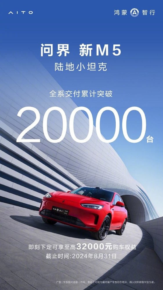 问界新M5累计交付突破20000台 月均交付量超6000台