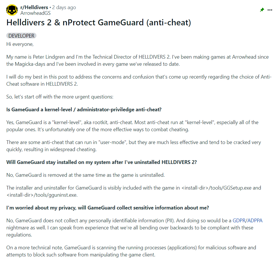 《地狱潜者2》技术总监分享GameGuard反作弊程序相关问答