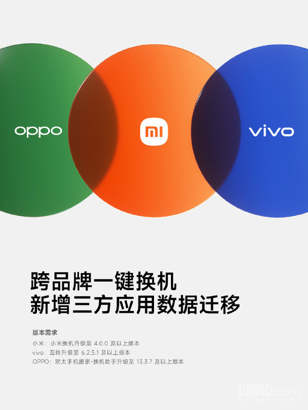 真友商！vivo小米OPPO：一键换机新增三方数据迁移