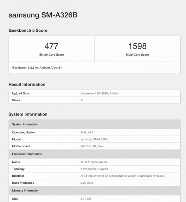 三星Galaxy A32 Geekbench跑分曝光 搭载天玑720芯片