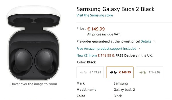 三星Galaxy Buds2在亚马逊上架 约售1143元27日发货