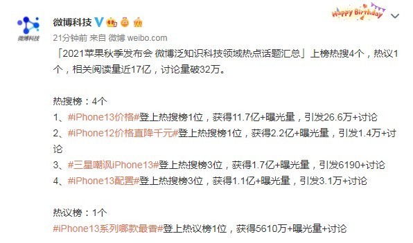 苹果秋季发布会拿下4个热搜 网友最关心iPhone 13价格