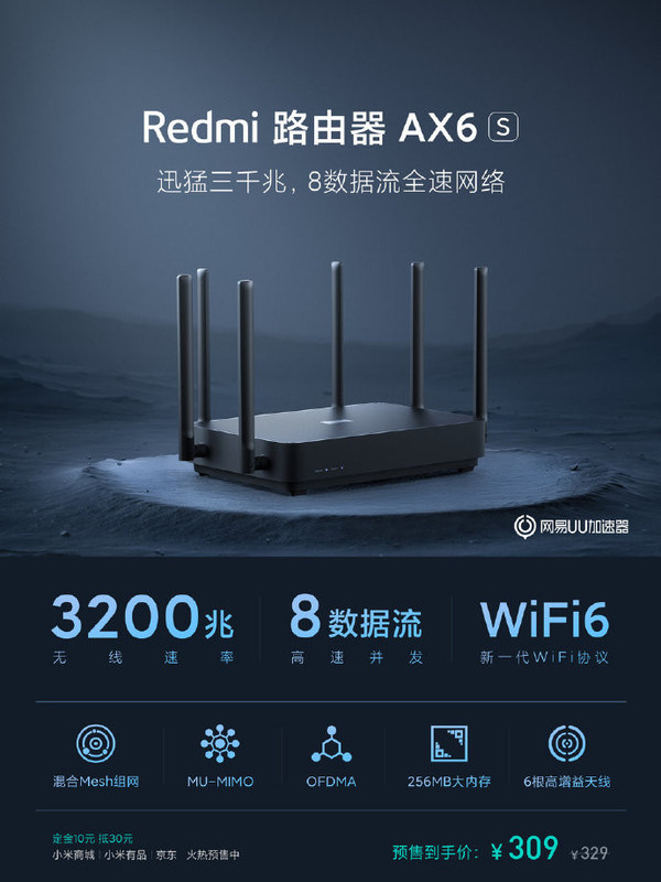 Redmi AX6S发布 3200兆无线速率六天线设计309元