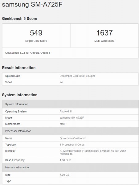 三星Galaxy A72 4G跑分曝光！成绩证实是一款中端机