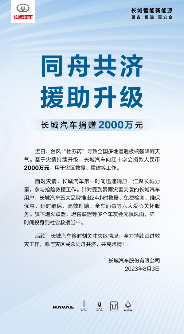 长城汽车捐款2000万元驰援受灾地区 车友会参与救援