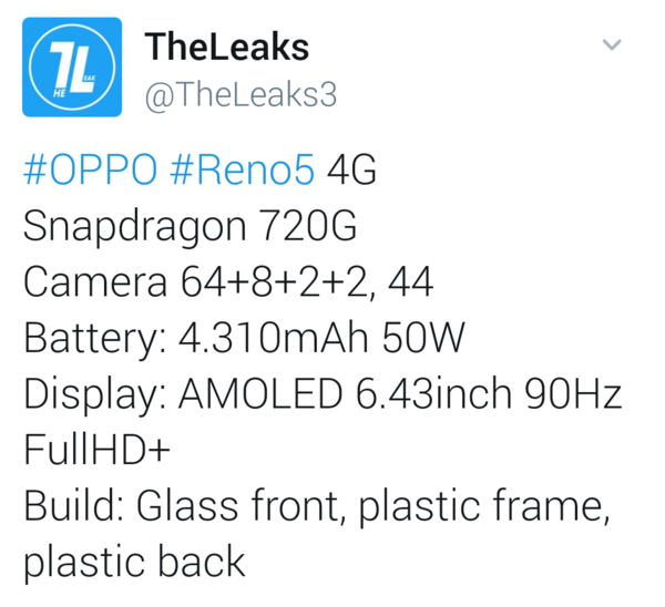 OPPO Reno5系列或有4G机型 搭载骁龙720G处理器