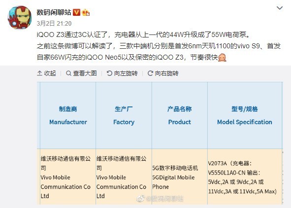 iQOO Z3通过3C认证 充电器从44W升级为55W电荷泵