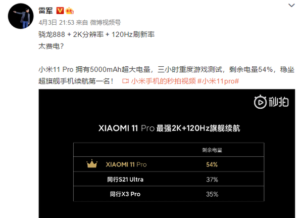 小米11 Pro费电吗？雷军：稳坐超旗舰手机续航第一名