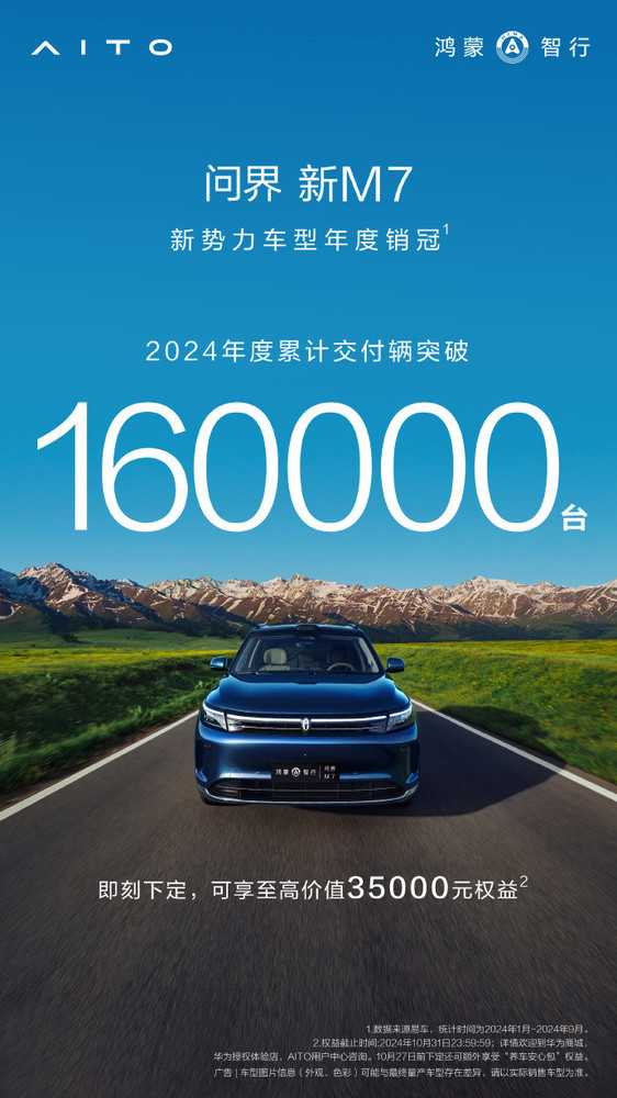 问界M7今年交付16万辆，新势力销量冠军！