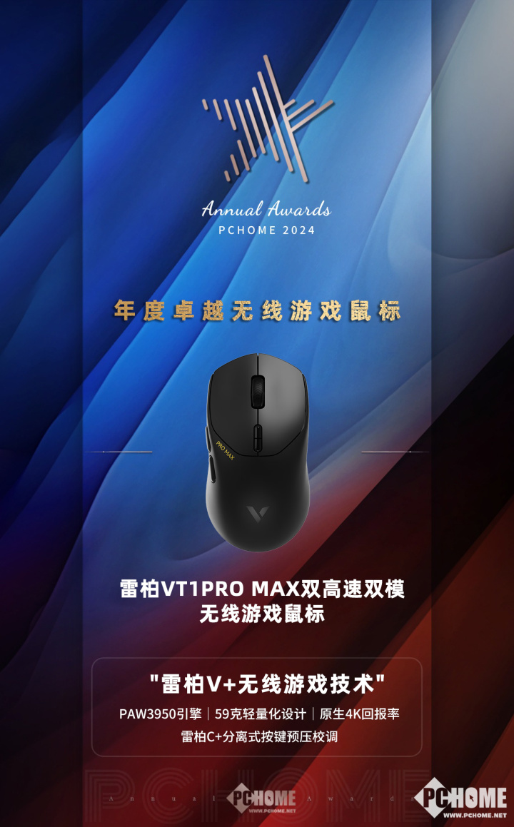 雷柏VT1PRO MAX荣登2024大科技年度无线游戏鼠标榜首